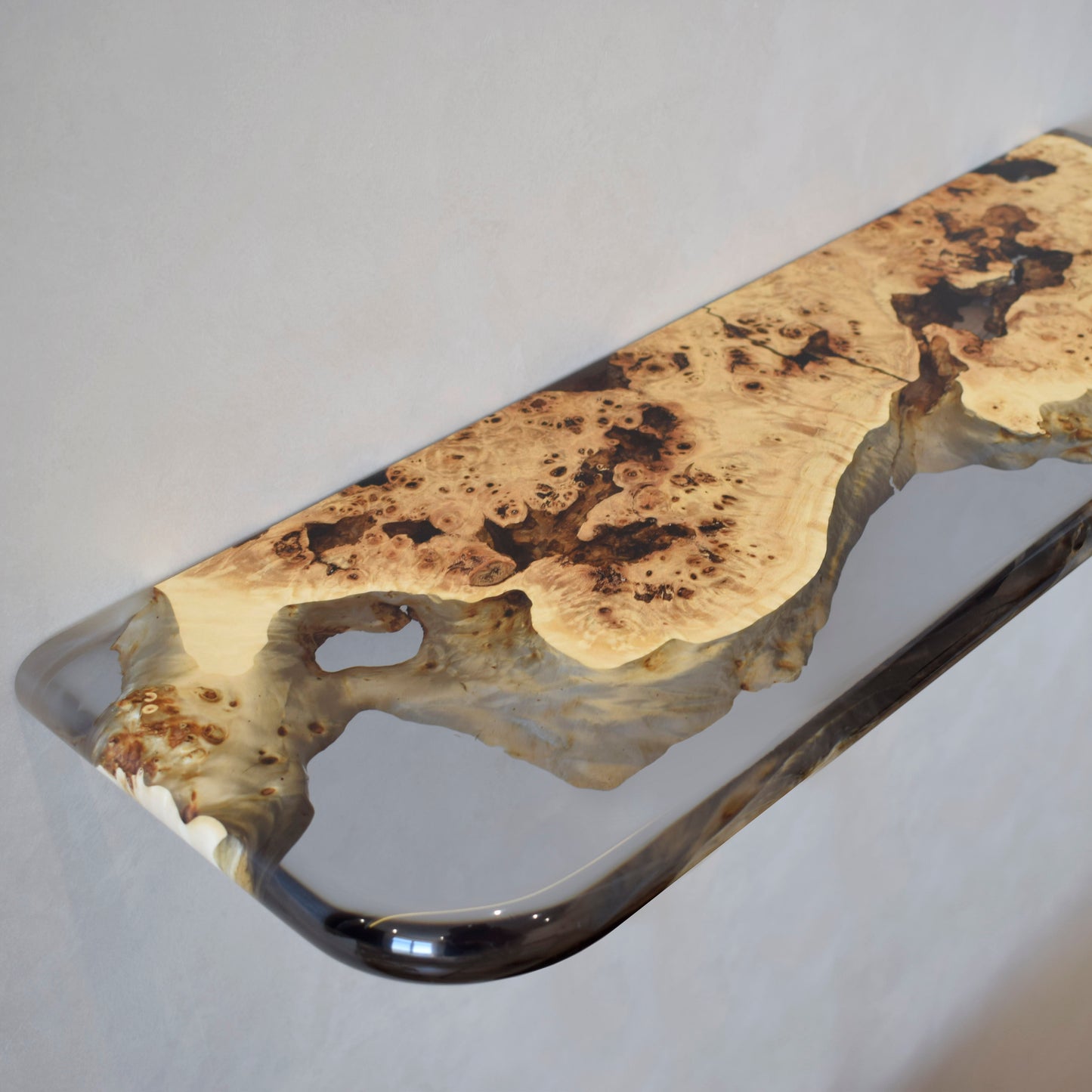 Clear Epoxy & Burl Poplar Floating Shelf