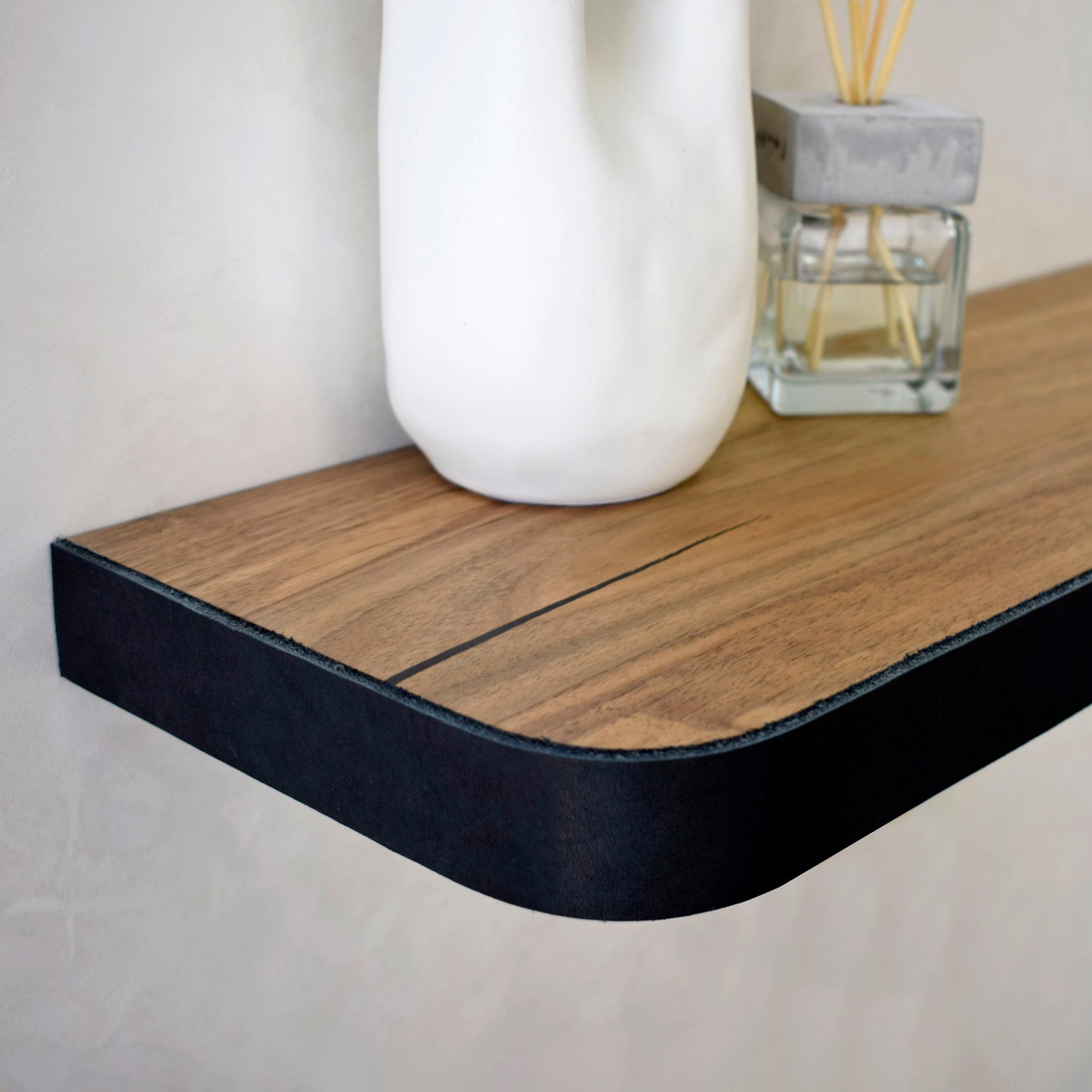 Walnut & Leather Floating Shelf