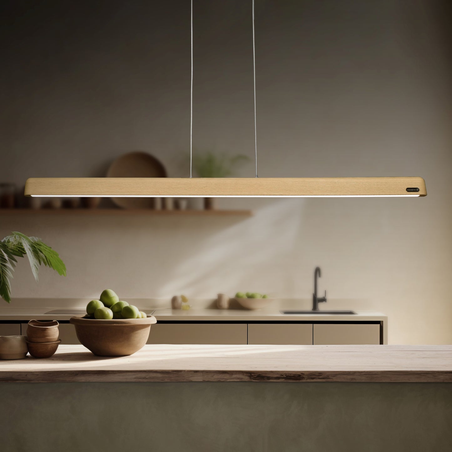 Gilbert Wood Linear Pendant Light over kitchen island